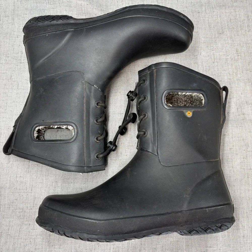 Bogs Amanda Plush II Black Rubber Waterproof Lined Rain Boots Pull On Big Kids 7